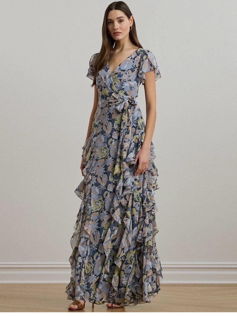 Ralph Lauren Blue Floral Ruffle Wrap Maxi Dress